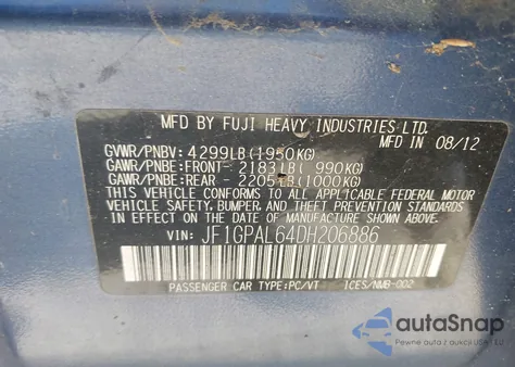 2013 Subaru Impreza 2.0I Sport Premium z USA, uszkodzony, nr VIN JF1GPAL64DH206886